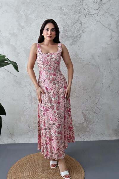 Elbee Fashion Woman Ροζ φλοράλ φόρεμα από βισκόζη