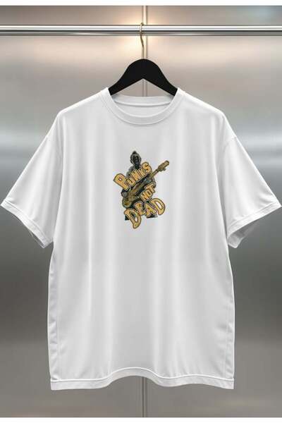 buzagi tasarım ürünleri Punk Digital Print Oversize Unisex White T-Shirt