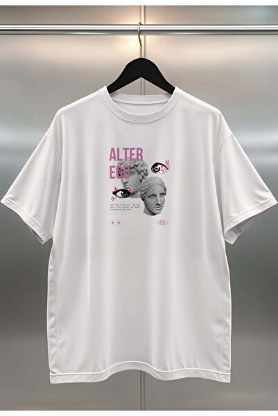 buzagi tasarım ürünleri Alter Ego Digital Print Oversize White Unisex T-Shirt