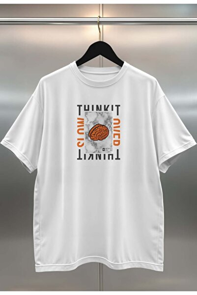 buzagi tasarım ürünleri Think It Digital Print Oversize Unisex White T-Shirt