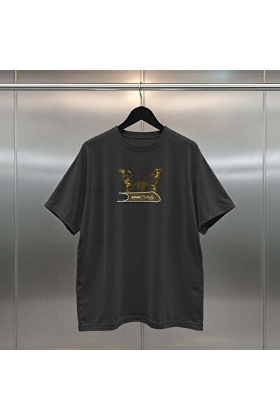 buzagi tasarım ürünleri Butterfly Oversize Digital Printed Black T-Shirt