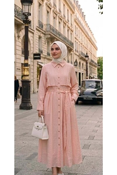 Puane 26Y32454 ELBİSE ÜSTÜ CEPGEN GÖRÜNÜMLÜ ÖNÜ DÜĞMELİ BELİ LASTİKLİ PEMBE