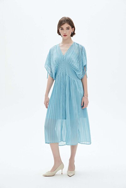 Nichii Women's Midi Dress with Short Sleeves and Pleated Butterfly Design