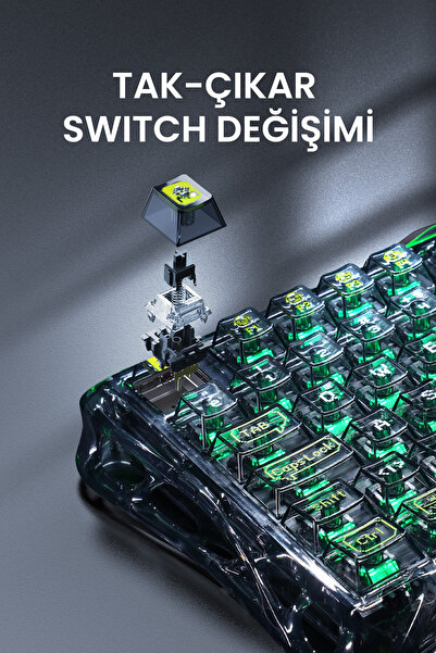 Gravastar Mercury K1 Lite RGB Kablosuz Mekanik Gaming Klavye, Türkçe Q, Transparent Black
