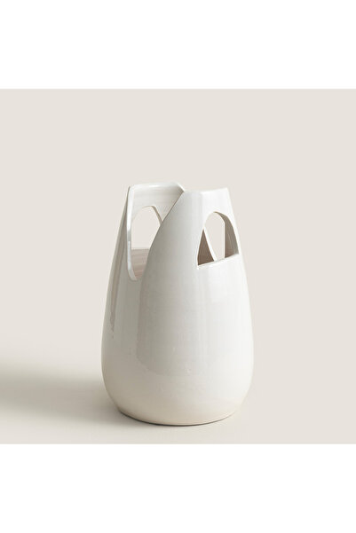 Chakra White Ceramic Vase with Handle Small Size Natural