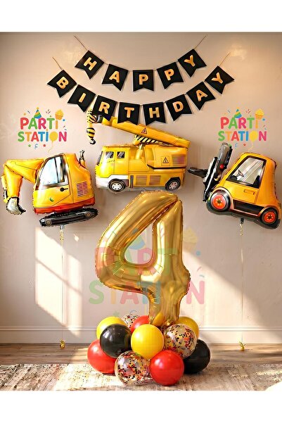 Parti Station İş Makinaları İnşaat Parti 4 Yaş Balon Set Kepçe Balon Vinç Bal...