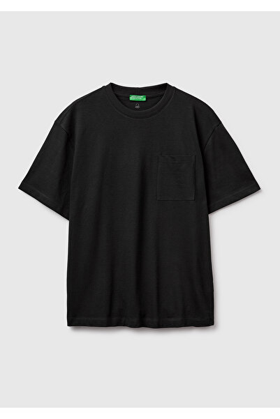 United Colors of Benetton تيشيرت رجالي أسود 100% قطن مع جيوب وتطريز شعار على ...
