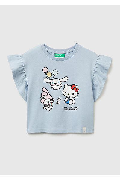 United Colors of Benetton Girl's Ice Blue Glitter Graphic Printed Crew Neck T...