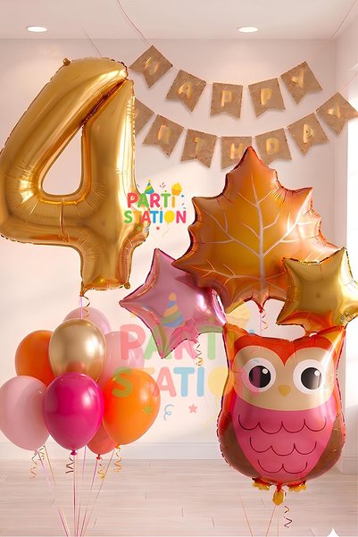 Parti Station Forest Woodland Owl Concept Birthday 4 Year Old Balloon Set Owl...