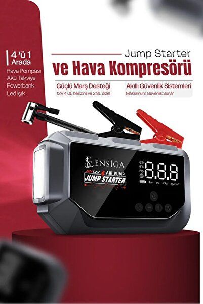 EN SİGA Hava Kompresörü ve Akü Takviye Cihazı 12000mAh Lastik Şişirme, Taşına...