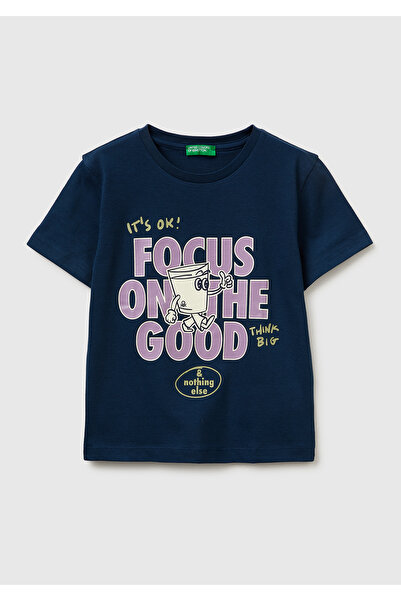United Colors of Benetton Boy's navy blue multi-color printed crew neck t-shirt