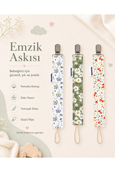 KARAMİLA 3’lü Set Kız Bebek Emzik Askısı - Emzik Zinciri - Emzik Tutacağı Çiç...
