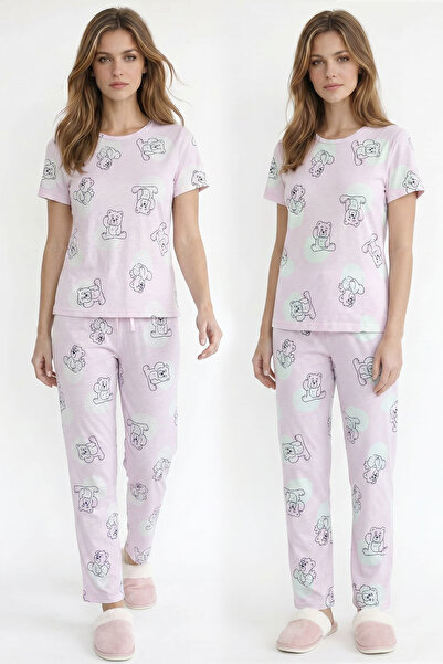 Kompedan Kadın Bisiklet Yaka Yumuşak Dokulu Ayıcık Desenli Kısa Kol pijama Ta...