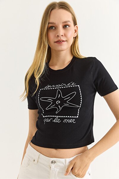 Raneel Kazançlı Alışveriş Starfish print crew neck crop top - black