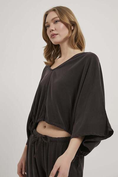 Arma Life Armalife 2787 TENCEL™ Beli Elastic Detail V-Neck Relaxed Women's Bl...