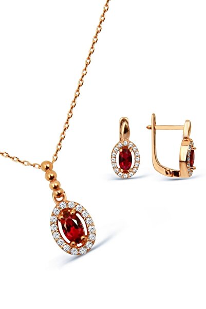 Argentum Concept 925 Ayar Gümüş Rose Kırmızı Taşlı Oval Minimal Set - S013902