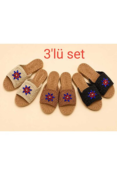 MY STİL MODA Set of 3 Women's Straw Slippers Beige Knitted Lace Knitwear Embr...