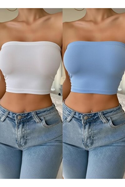 Olyssia Kadın 2'li Beyaz & Açık Mavi Straplez Crop Top Büstiyer – Esnek Bande...