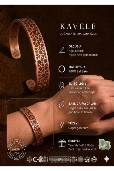 KAVELE Ham Saf Bakır Full Koruma Zırhlı Motifli Özel Kumlu Bileklik 17 Cm 35-...