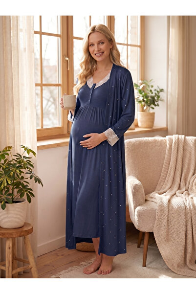 Lohusa Homewear الموسم الجديد، أزرق داكن منقط، تصميم بأكمام قصيرة وأزرار، مزي...