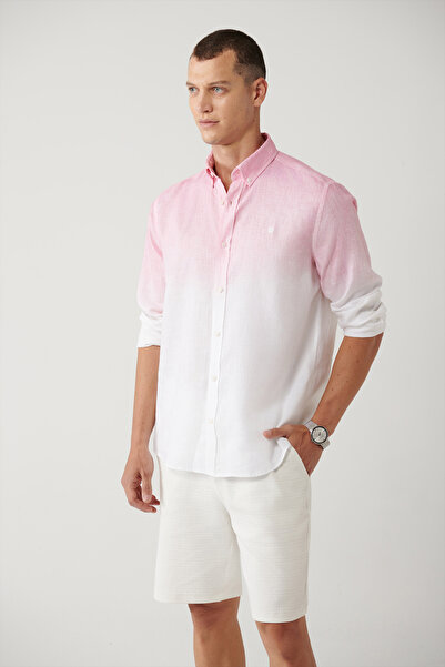 Avva Herrenhemd mit Knopfkragen in Rosa, 100 % Leinen, bequeme Passform, A41Y...