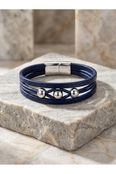 Parmas Design Steel Ball Detailed Men's Leather Bracelet Premium Gift 01825