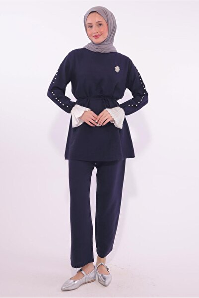 TRENDTESETTÜR Women's Navy Blue Beaded Detail Pants Suit t 9174
