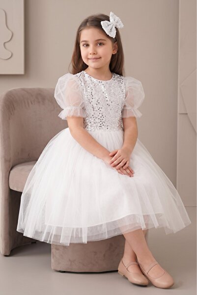 Mnk Baby&Kids Balon Kol Pul Payet Kız Çocuk Tütü Elbise M00751 BEYAZ