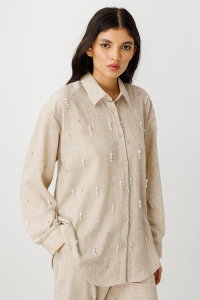 ON Önü İncili Oversize Gömlek Bej-56538