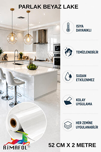 Glossy White Adhesive Kitchen Cabinet and Furniture Covering Foil 52 CM X 2 METERS