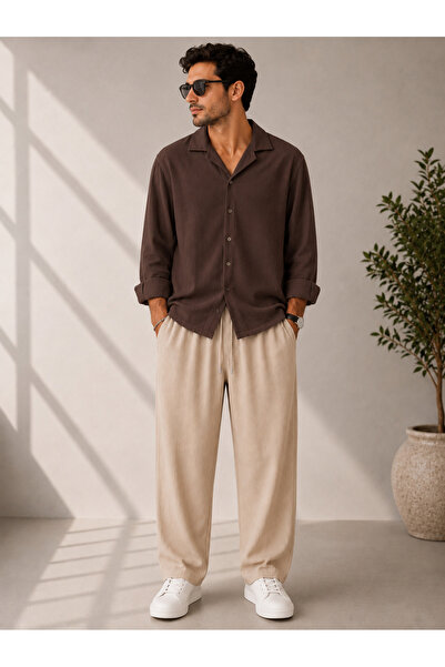 WENMİNG Bürümcük Crinkle Fabric Summer Lycra Men's Shirt and Pants Set