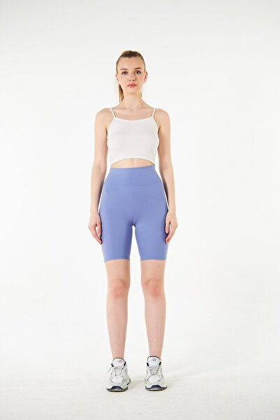 THIFF GYMWEAR Mavi Yüksek Bel Toparlayıcı Kısa Şort Spor Fitilli Biker Tayt