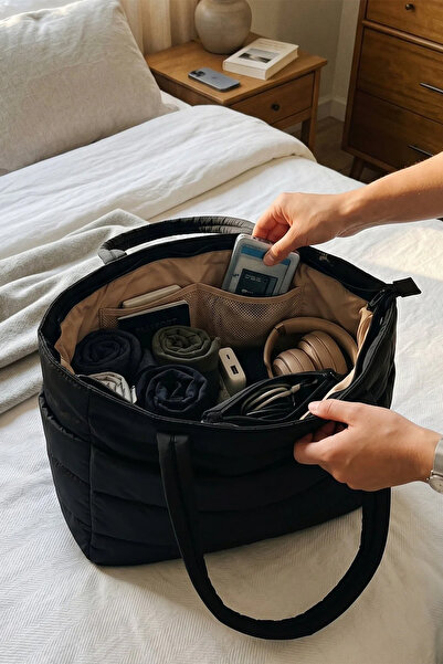 Compeia Kadın Siyah Puffy Tote Bag Kabarık Kapitone Omuz Çantası Çok Bölmeli ...
