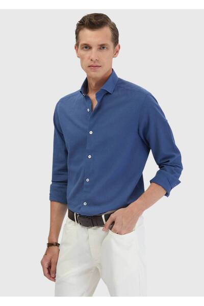 Ramsey Indigo Plain Casual Fit Long Woven Casual 100% Cotton Shirt