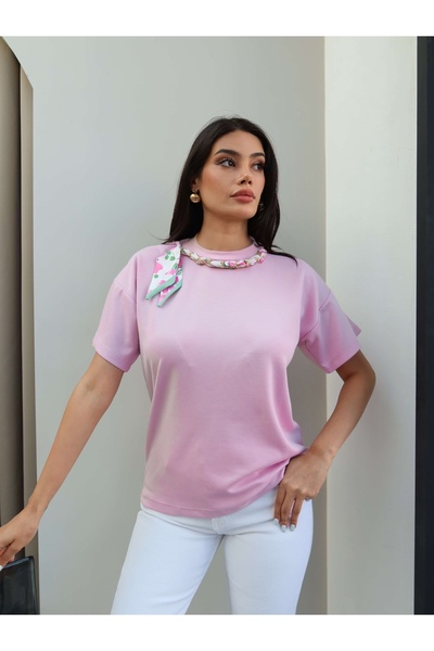ESRAHELVACI Modal Tshirt with Collar and Pearl Scarf
