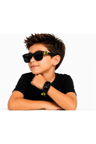 Rodium Children's Wristwatch Led Watch and Glasses Set with Black Dozer Emoji
