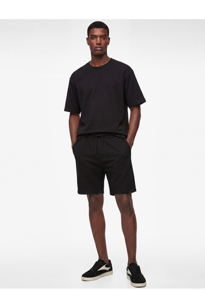 Koton Cotton Pocketed Textured Bermuda Shorts with Lace-Up Waist