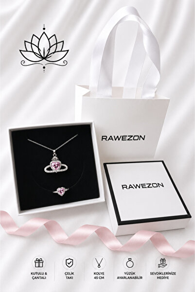 RAWEZON Pembe Taşlı Kalpli Kolye Yüzük Seti | Çantalı Kutulu Hediye | Sevgili...