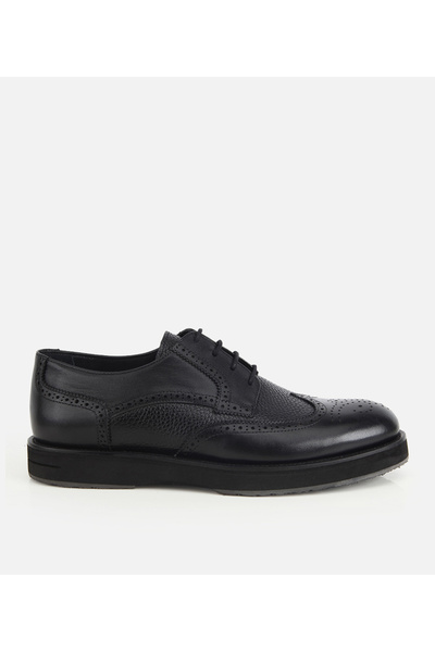 Hotiç Men's Leather Black Casual Shoes with Stitching Detail