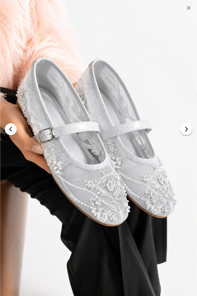 star shoes Balerini din tul transparent, cu perle albe, brodate cu flori și m...