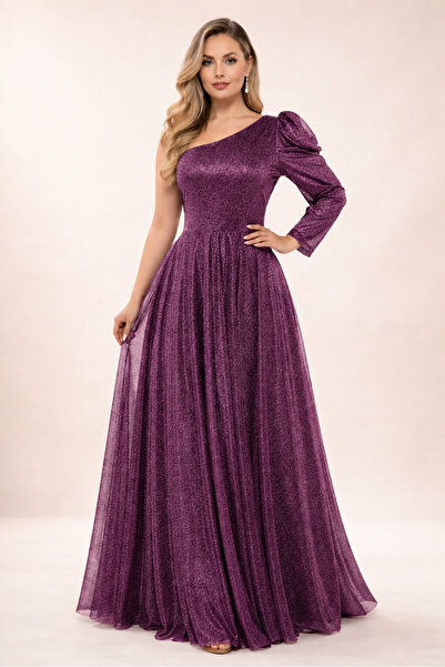 IŞILTI Women's Evening Dress, Plum Color, One-Shoulder, Princess Sleeve, Glit...
