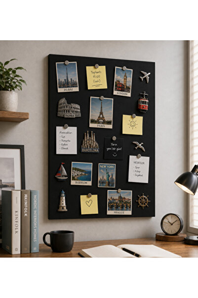 Dünya Magnet Magnet Panosu, 50x70 cm Dekoratif Mıknatıslı Pano, Siyah, Metal Pano