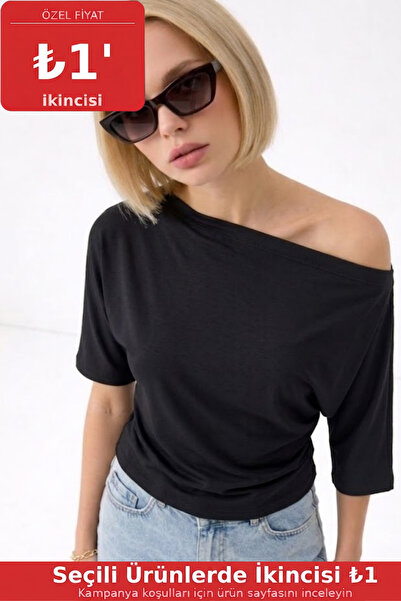 COMBİNE MİCHAİL Women's Off-The-Shoulder Cotton Black Slim Fit T-Shirt