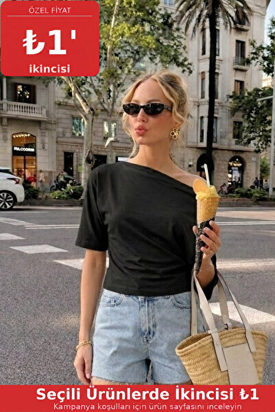 COMBİNE MİCHAİL Women's Off-Shoulder Basic Black T-Shirt