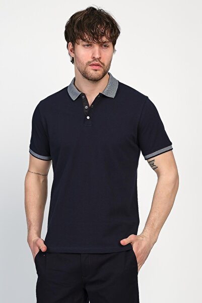 ENQUE Men's Basic Solid Short Sleeve Dark Navy Long Polo Neck T-Shirt