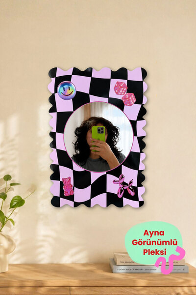 ArtDropsco Retro Dalgalı Çerçeve Ayna Görünümlü Pleksi Duvar Dekoru, Mor Siya...