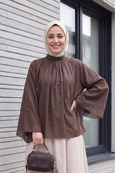 Modamorfo Hakim Yaka Spanish Sleeve Lined Voile Blouse -Brown