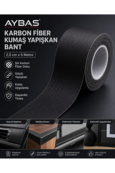 Aybas 2,5 cm x 5 Metre Siyah Karbon Fiber Desenli Yapışkanlı Kumaş Bant– Kend...