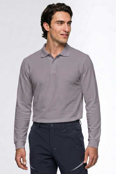 RELAXIA Men's Gray Long Sleeve Polo Collar Business T-Shirt 100% Cotton Butto...