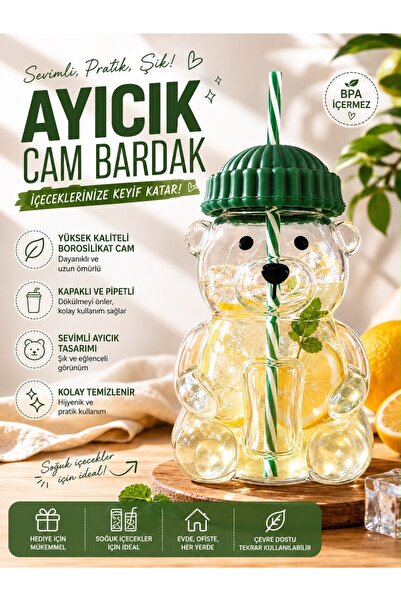 Tasarım Evi Premium Glass Barista Cold Drink Cup with Teddy Bear Design